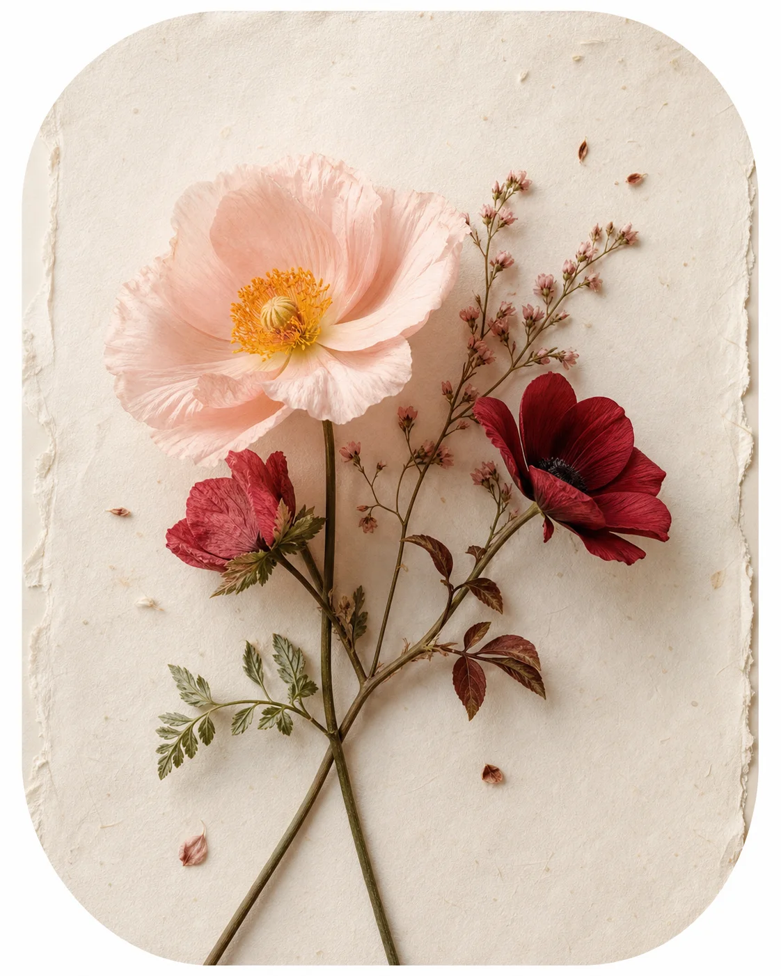 Blush flowers and flowering stems on handmade paper
